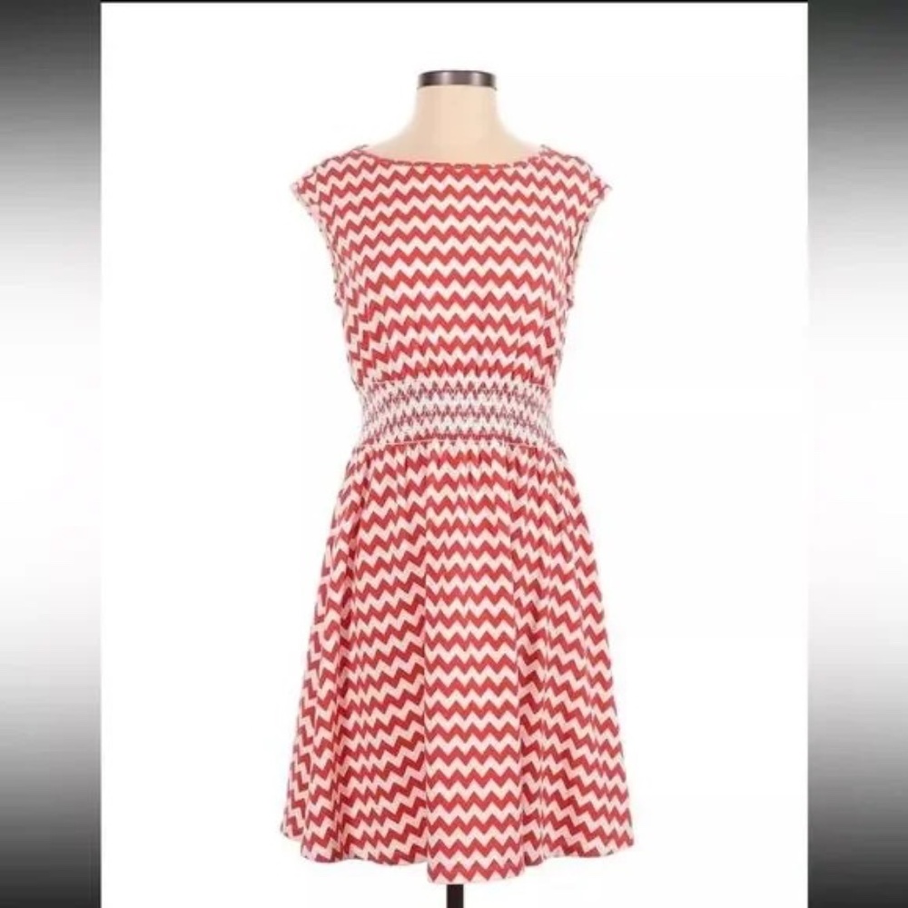 Kate Spade Leora Orange and White Chevron Smocked Waist Dress, Size M